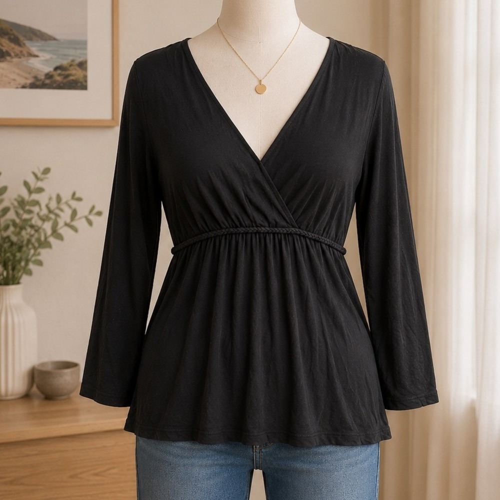 Ann Taylor Womens Top Black Surplice Empire Waist Braided Detail XL